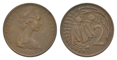 Новая Зеландия 2 цента 1973 Елизавета II (1952-2022), два цветка кохаи KM 32.1 бронза 4655-1143