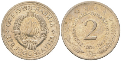 Югославия 2 динара 1974 KM 57 медь цинк никель 4591-557