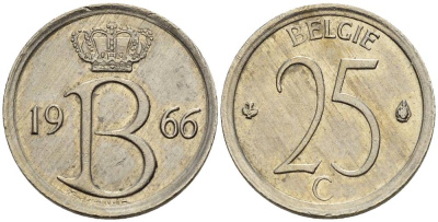 Бельгия 25 сантимов 1966 Belgie, Бодуэн I (1951-1993) KM 154.1 медно-никель 4528-969