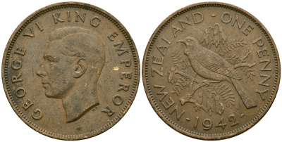 Новая Зеландия 1 пенни 1942 Георг VI (1936-1952), новозеландский туи KM 13 бронза 4165-1146