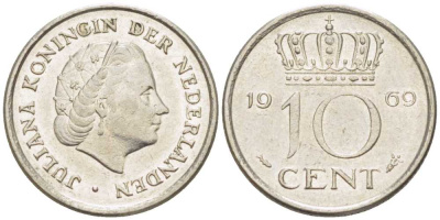 Нидерланды 10 центов 1969 Юлиана (1948-1980) KM 182 никель 214-1244