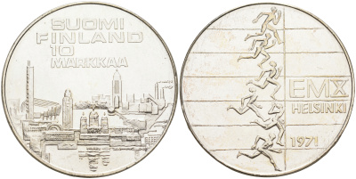 Финляндия 10 марок 1971 S-H, X Чемпионат Европы по легкой атлетике KM 52 серебро 1522-811