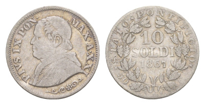 Папская Область 10 сольдо 1867 R, Пий IX (1846-1878) KM 1376 серебро 1520-812