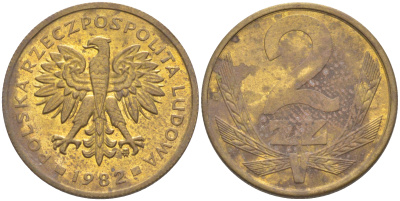 ПОЛЬША 2 ЗЛОТЫХ 1982 MW KM 80.1 латунь 187-948