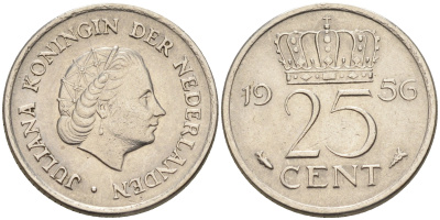 Нидерланды 25 центов 1956 Юлиана (1949-1980) KM 183 никель    4174-644