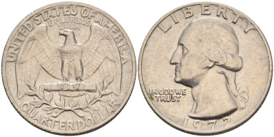 США 25 центов (квотер) 1972 Вашингтон KM 164а медь плакированная медно-никелем 4575-135