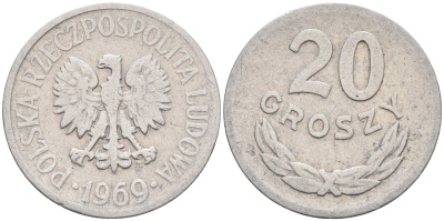 Польша 20 грошей 1969 MW KM А47 алюминий    4174-712