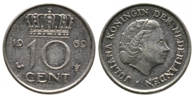 Нидерланды 10 центов 1969 Юлиана (1948-1980) KM 182 никель 75-1055