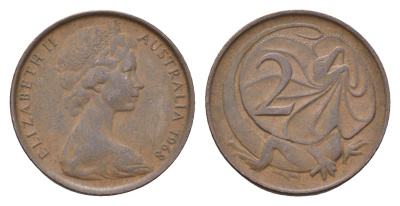 Австралия 2 цента 1968 Елизавета II (1952-2022), молодой портрерт, плащеносная ящерица KM 63 бронза 4669-562