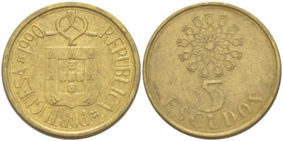 ПОРТУГАЛИЯ 5 ЭСКУДО 1990 KM 632 никель латунь 213-311
