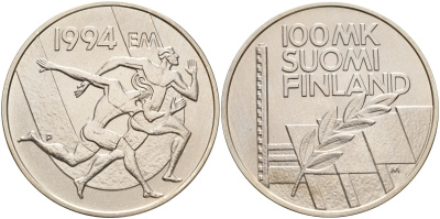 Финляндия 100 марок 1994 стадион дружбы, бег KM 78 серебро UNC 1066-4-64