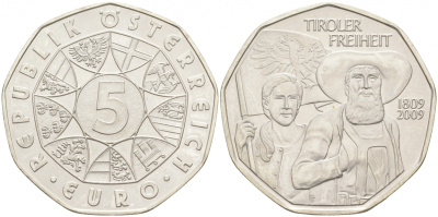 Австрия 5 евро 2009 200 лет со дня Тирольского восстания KM 3177 серебро UNC 1521-1113
