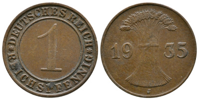 Германия 1 рейхспфенниг 1935 J KM 37, J. 313, Weege 2 бронза 220-126