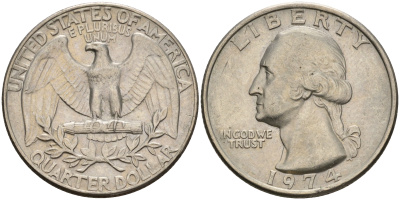 США 25 центов (квотер) 1974 Вашингтон KM 164a медь плакированная медно-никелем  4606-645