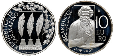 Сан-Марино 10 евро 2007 поэт Джозуэ Кардуччи, в оригинальной коробке, с сертификатом KM 475 серебро PROOF 1-4-6-16