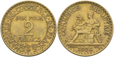 Франция 2 франка 1924 тип Chambre de commerce KM 877, Le Franc 267.6 алюминиевая бронза 3460-512
