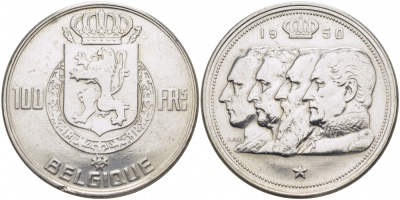 Бельгия 100 франков 1950 Belgique, королевская династия KM 138.1 серебро 4127-942