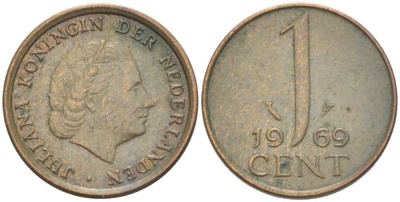 НИДЕРЛАНДЫ 1 ЦЕНТ 1969 ЮЛИАНА (1948-1980) KM 180 бронза 214-1041