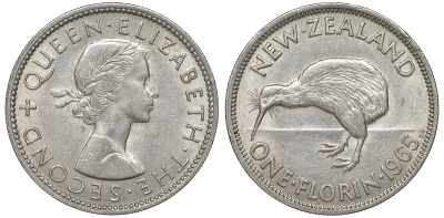 Новая Зеландия 1 флорин 1965 Елизавета II (1952-2022), птичка киви KM 28.2 медно-никель XF-UNC 51-524