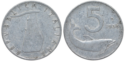 Италия 5 лир 1954 R, дельфин KM 92 алюминий 4164-425