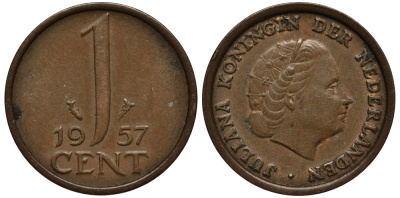 Нидерланды 1 цент 1957 Юлиана (1949-1980) KM 180 бронза VG 4181-226