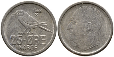 Норвегия 25 эре 1968 Улаф V (1958-1991), синица KM 407 медно-никель 29-1139