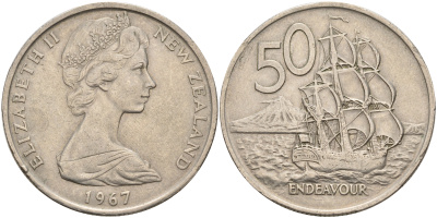 Новая Зеландия 50 центов 1967 Елизавета II (1952-2022), парусник Индевор KM 37.1 медно-никель    4599-1112