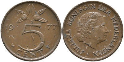 Нидерланды 5 центов 1977 Юлиана (1948-1980) KM 181 бронза 65-1226