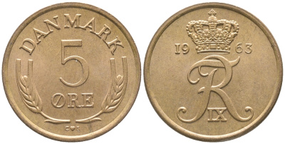Дания 5 эре 1963 C; S, Фредерик IX (1947-1972) KM 848.1 бронза аUNC 34-521