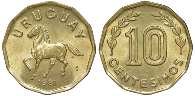 Уругвай 10 сентесимо 1981 KM 66 алюминиевая бронза 4169-525