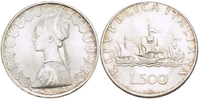 Италия 500 лир 1958 R, корабли Колумба KM 98 серебро 51-4141