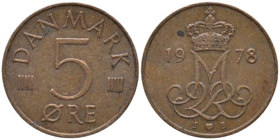 ДАНИЯ 5 ЭРЕ 1978 S; B, МАРГРЕТЕ II (1972-) KM 859.1 железо плакированное медью 116-157
