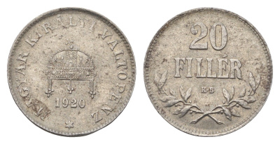 Венгрия 20 филлеров 1920 КВ, Карл I (1916-1918), редкий год KM 498 железо 1524-1534