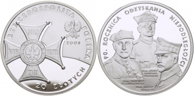 Польша 20 злотых 2008 90 лет восстановления независимости Польши KM 651 серебро PROOF 1077-10-21