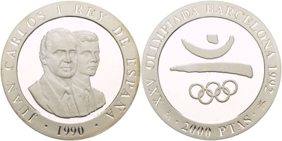 Испания 2000 песет 1990 XXV летние Олимпийские игры 1992 года в Барселоне, символика, олимпийские кольца KM 859 серебро PROOF 1081-8-13