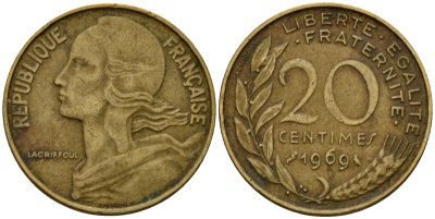 Франция 20 сантимов 1969 тип Marianne KM 930 алюминиевая бронза 4390-1154