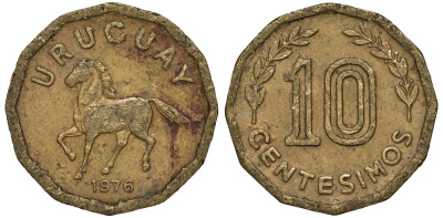 Уругвай 10 сентесимо 1976 KM 66 алюминиевая бронза 4164-639