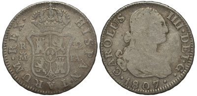 Испания 2 реала 1807 M FA, мондвор (Мадрид), Карлос IIII (1788-1808) KM 430.1 ( C69.1) серебро 650-821
