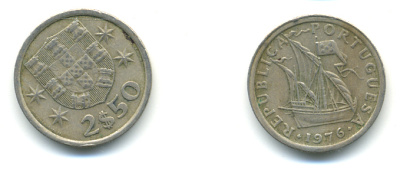 ПОРТУГАЛИЯ 2,5 ЭСКУДО 1976 ПАРУСНИК KM 590 медно-никель 3999-833