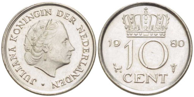 Нидерланды 10 центов 1980 Юлиана (1949-1980) KM 182 никель 211-1254