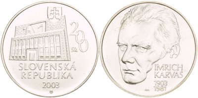 Словакия 200 крон 2003 100 лет со дня рождения Имриха Карваша (1903-1981) KM 65 серебро UNC 1088-3-54