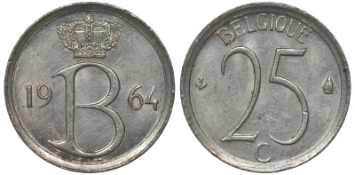 Бельгия 25 сантимов 1964 BELGIQUE KM 153 медно-никель 4124-543