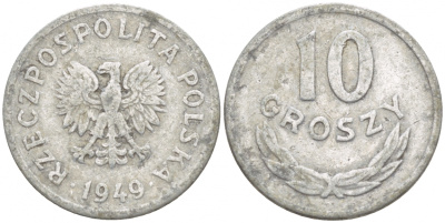 ПОЛЬША 10 ГРОШЕЙ 1949 KM 42а алюминий 4549-254