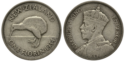 Новая Зеландия 1 флорин 1934 Георг V (1910-1936), птичка киви KM 4 серебро 272-1312