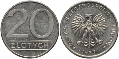 ПОЛЬША 20 ЗЛОТЫХ 1987 MW KM 153.1 медно-никель 180-436