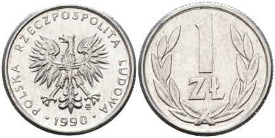 Польша 1 злотый 1990 MW, Народная Республика KM 49.3, Parchimowicz 215b алюминий UNC 4580-726