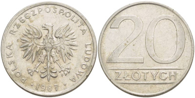 ПОЛЬША 20 ЗЛОТЫХ 1987 MW KM 153.1 медно-никель 4542-114