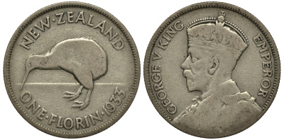 Новая Зеландия 1 флорин 1933 Георг V (1910-1936), птичка киви KM 4 серебро 272-1124