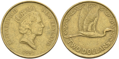 Новая Зеландия 2 доллара 1991 Елизавета II (1952-2022), большая белая цапля KM 79 алюминиевая бронза 59-521