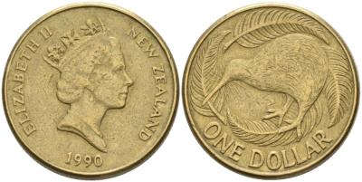 Новая Зеландия 1 доллар 1990 Елизавета II (1952-2022), птица киви KM 78 алюминиевая бронза 29-313